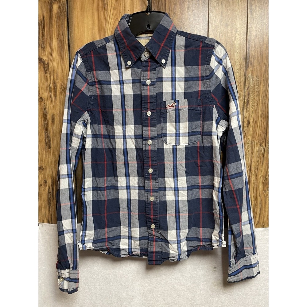 Hollister Mens Shirt VTG Plaid Button Up Navy Blue Logo‎ Pocket Red White Blue